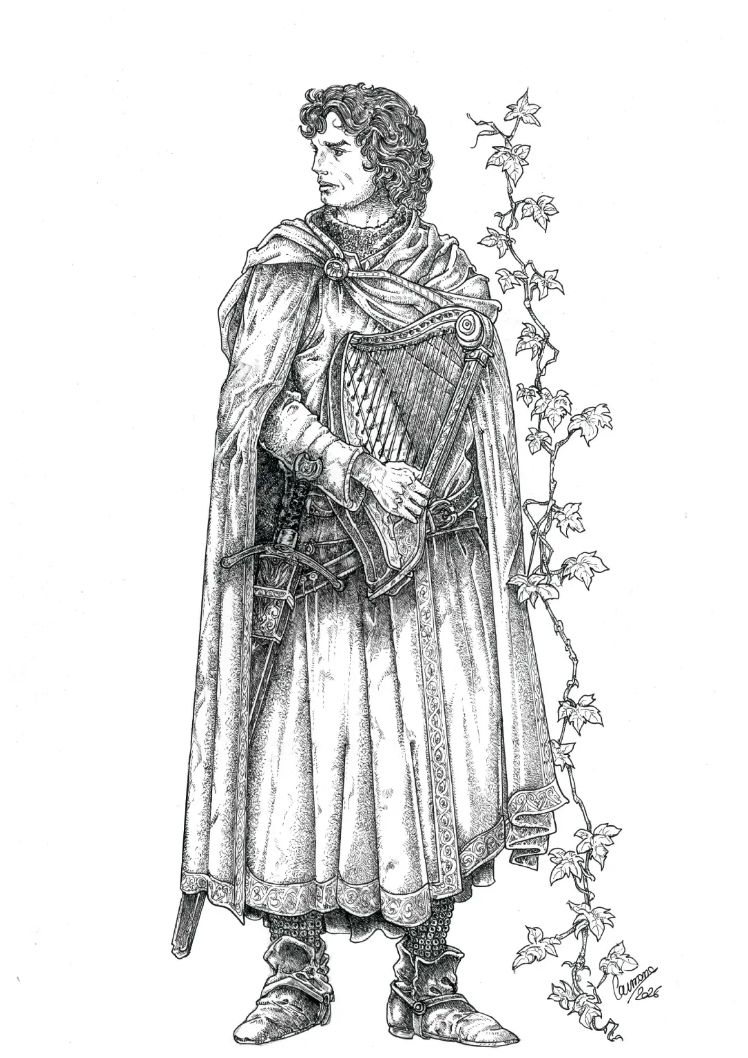 Tristan, harpe à la main, dessiné à l'encre par Robert Carmona