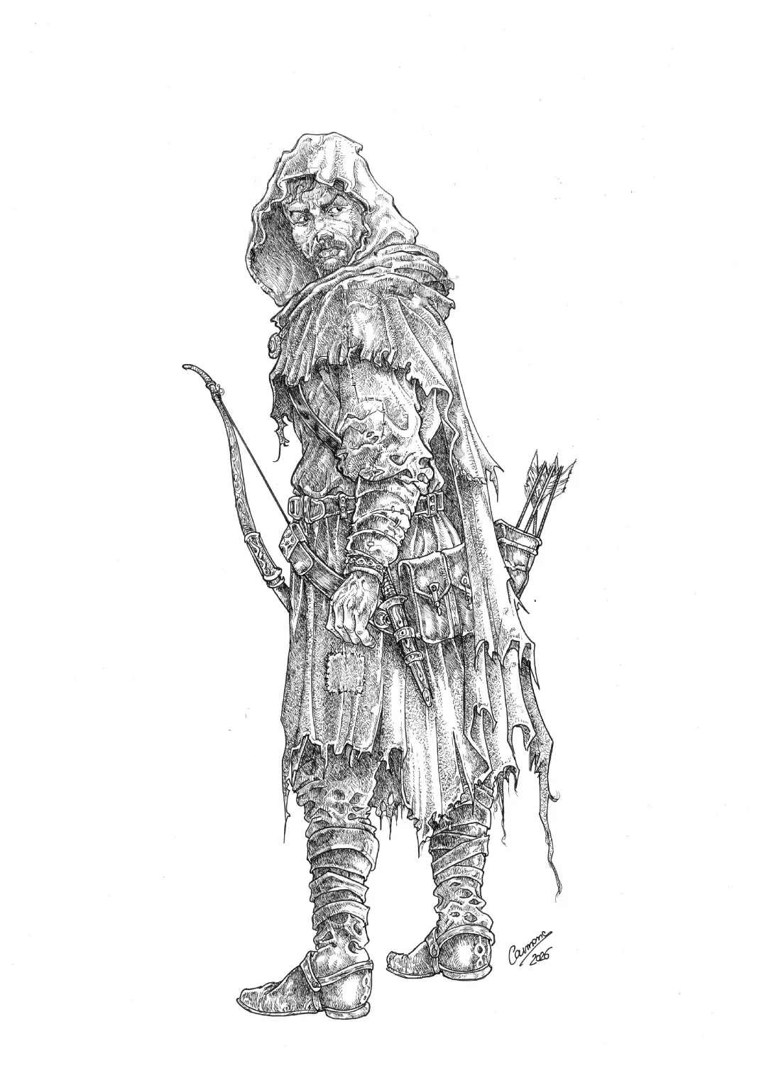 Un voleur encapuchonné, arc à la main, dessiné à l'encre par Robert Carmona