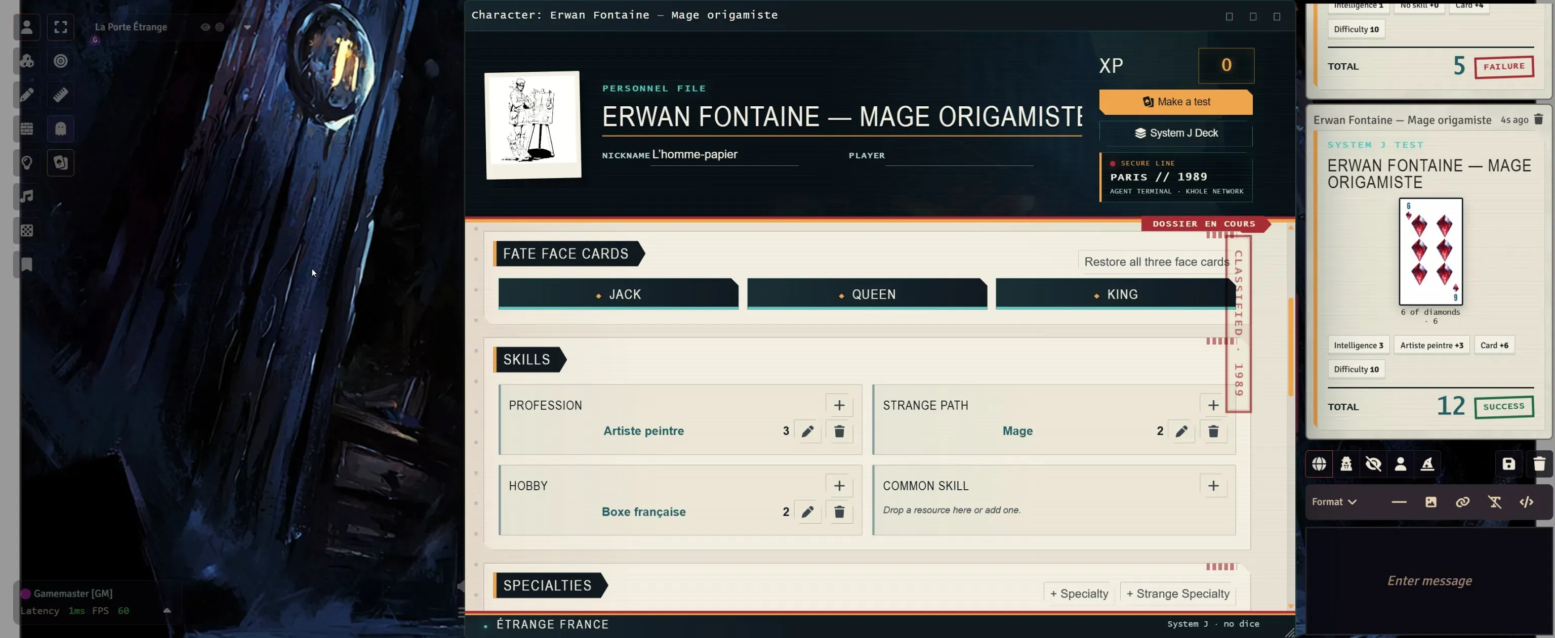 La fiche de personnage Étrange France dans Foundry VTT, avec un tirage du Système J dans le chat