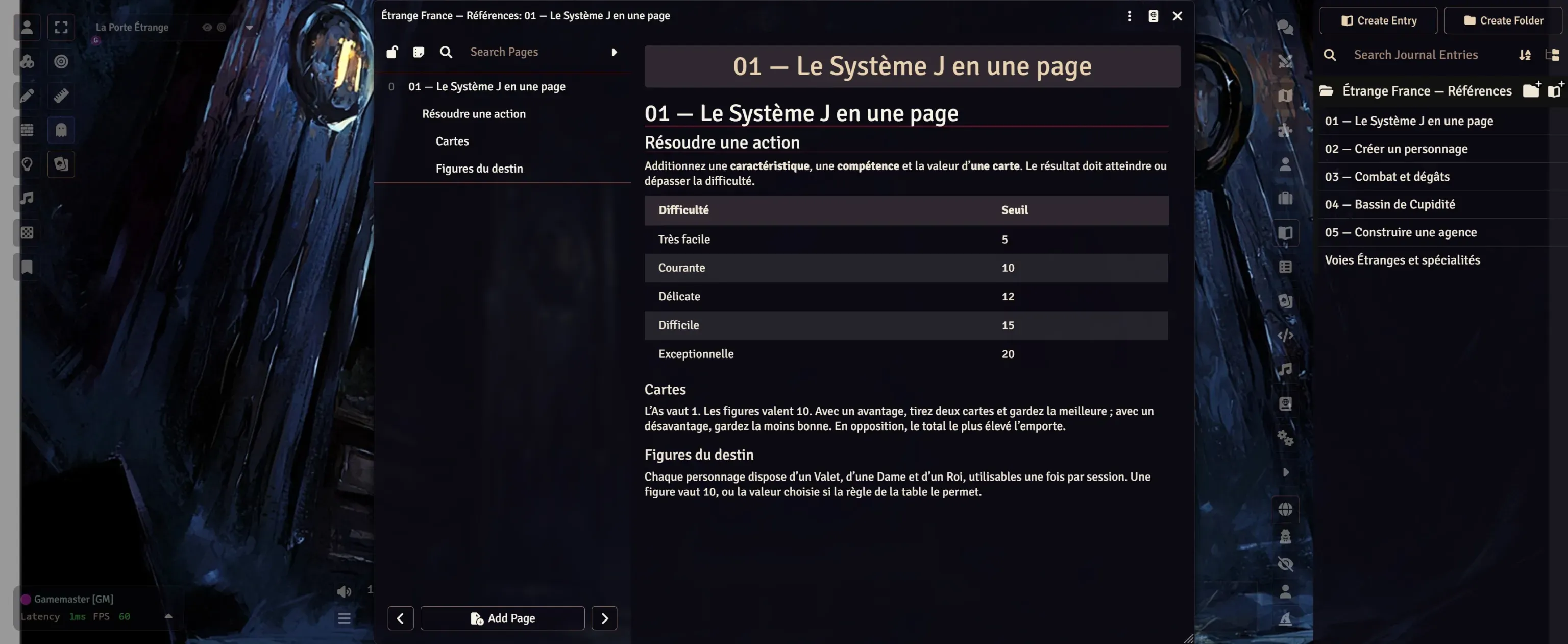 Le journal de références Étrange France dans Foundry VTT : le Système J en une page